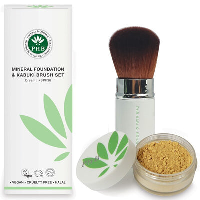 PHB Ethical Beauty Mineral Foundation and Kabuki Brush Set. Vegan, Cruelty Free, Eco-Friendly and Organic Loose Mineral Foundation Brush Set.