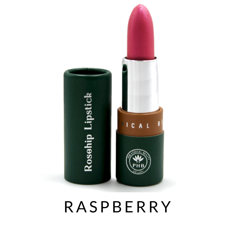 PHB Ethical Beauty Organic Rosehip Satin Lipstick om Shade Raspberry. Vegan, Cruelty Free, Eco-Friendly, Zero Plastic and Organic Lipstick.